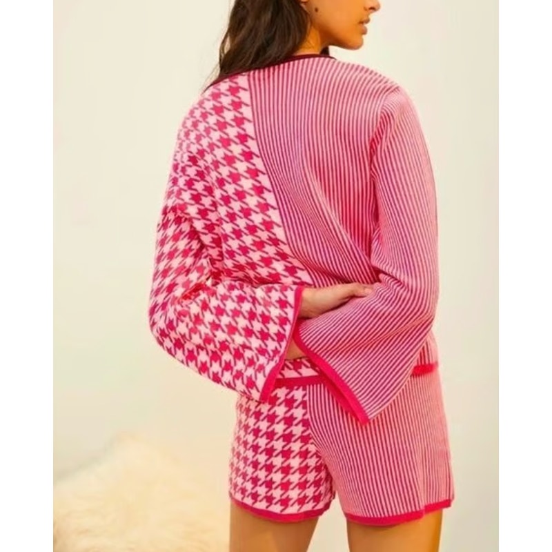 Dolan Sierra Pink Stripe Houndstooth Geo Print Pull On Lounge Shorts Womens XL