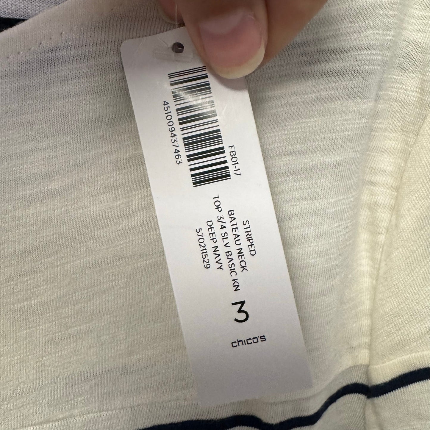 NWT Chico's White Navy Stripe 3/4 Sleeve Round Neck Cotton Knit Top Womens 16