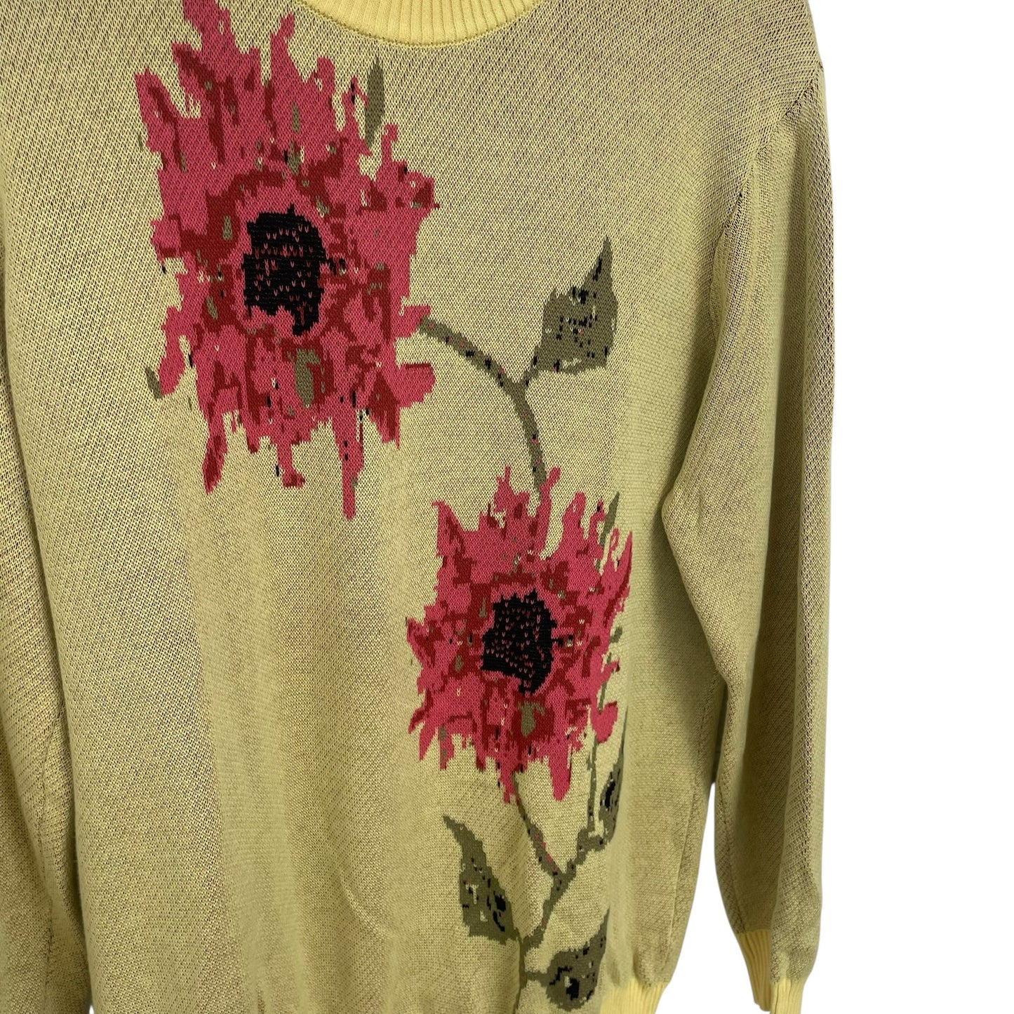 Saks Fifth Avenue Floral Intarsia Sweater Lemonade Yellow and Pink Mens Large