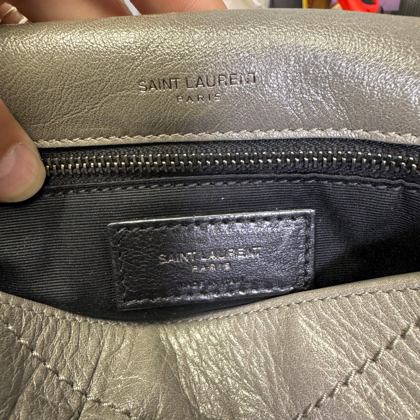 Yves Saint Laurent Fog Grey Crinkled Calfskin Monogram Niki Chain Satchel