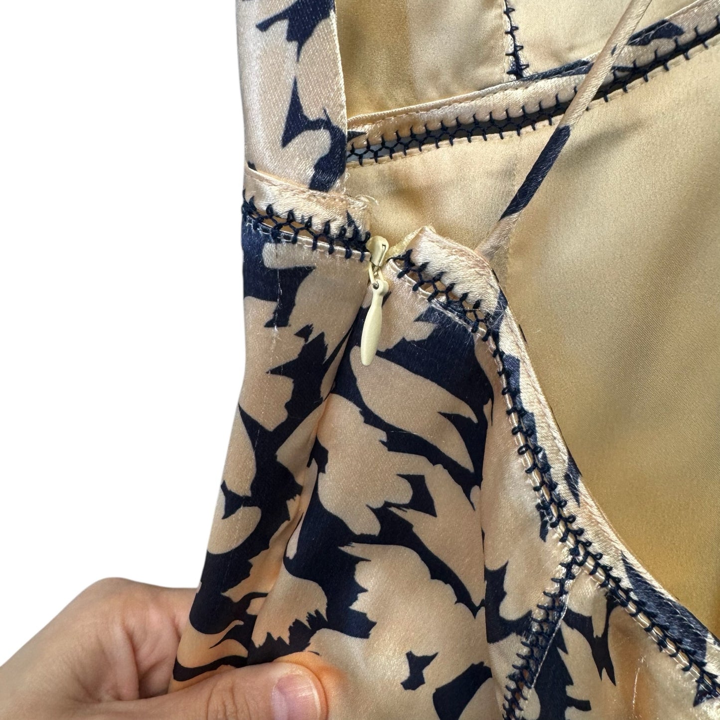 NWT Ulla Johnson Navy Beige Floral Print Sleeveless Evie Satin Dress Womens 0