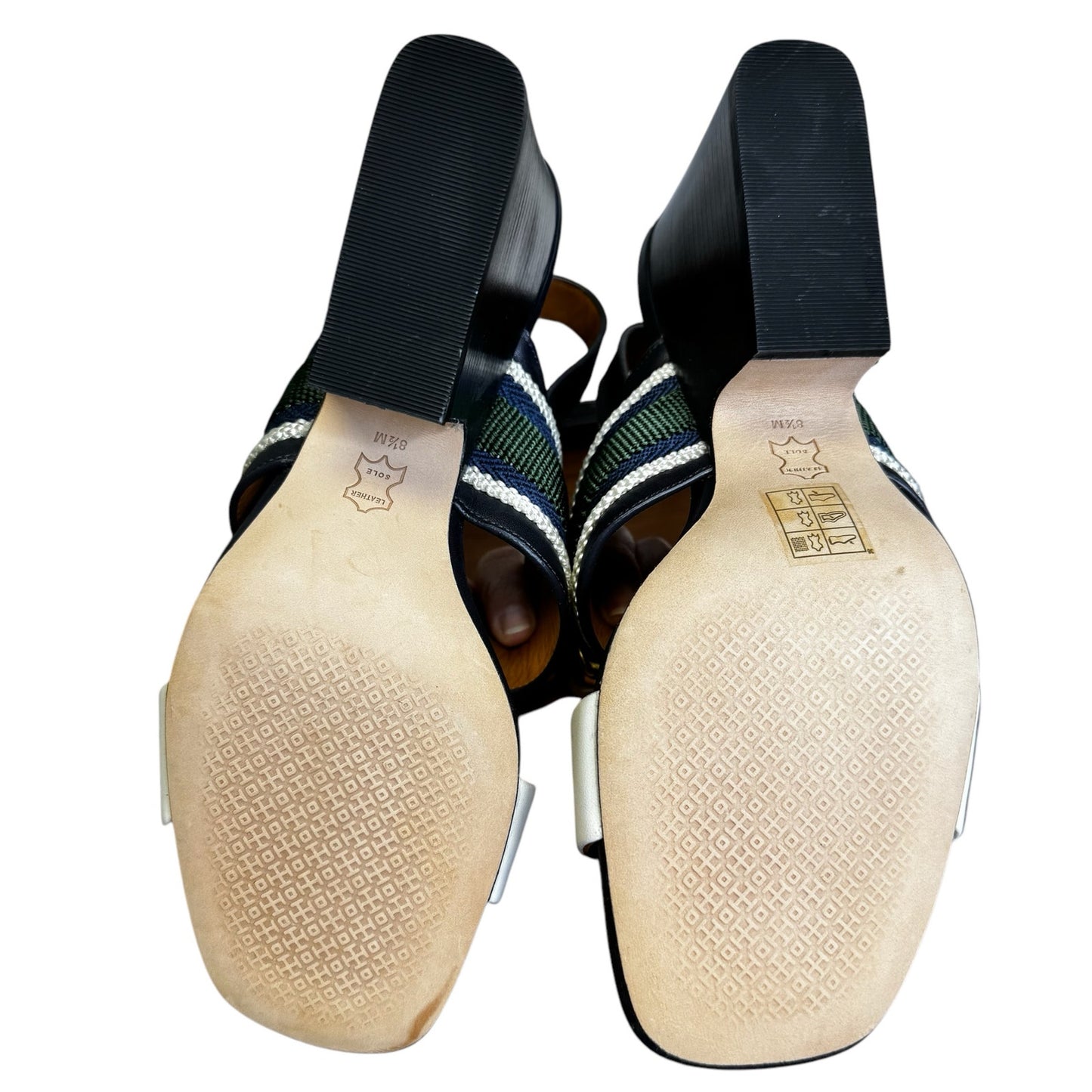 Tory Burch Navy Green White Jessa Slingback Block Heel Sandals Womens 8.5