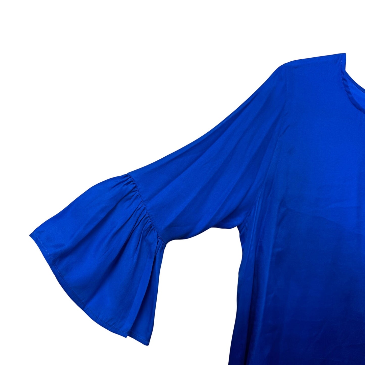 La Roque Blue 3/4 Ruffle Sleeve Round Neck Hi Low Ivy Silk Top Womens Large