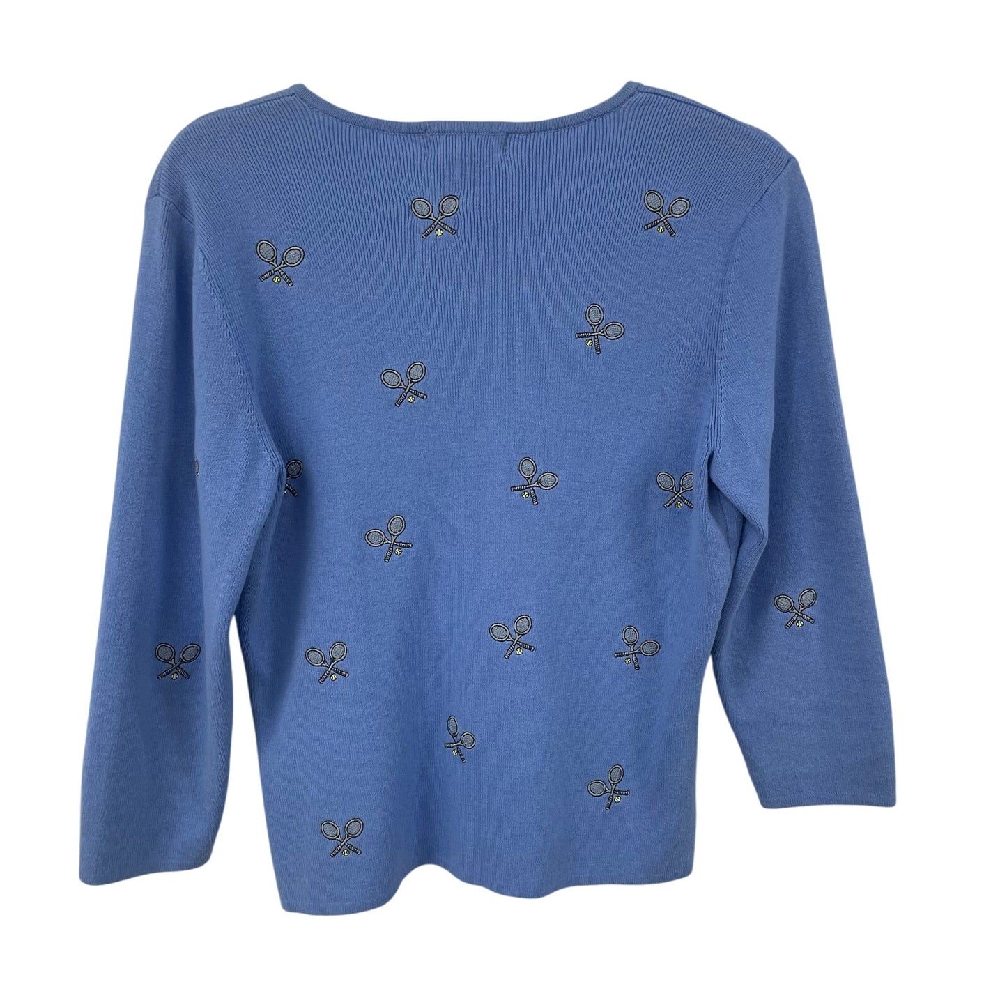 Vintage Carole Little Tennis Theme Embroidered Blue Sweater Petite Large AS IS