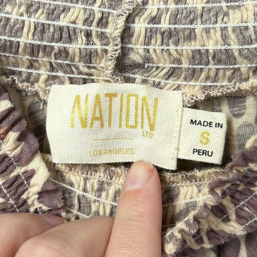 Nation LTD Antique Leopard Melanie Long Sleeve Smocked Peasant Top Womens Small