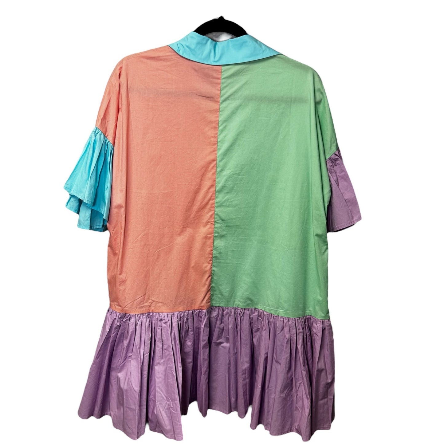 Bohemian Multi Color Block Ruffle Sleeve Button Down Shift Dress Womens Medium