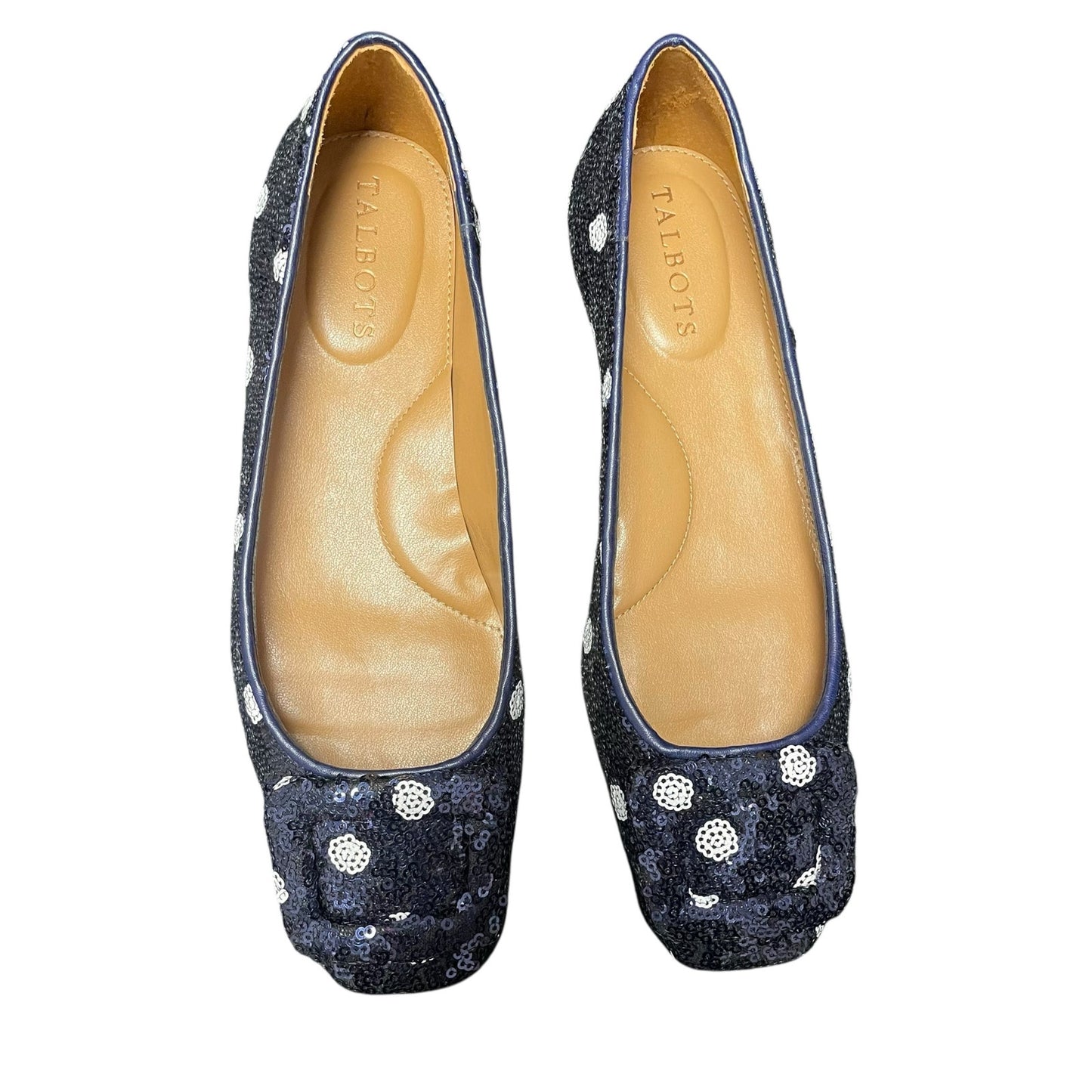 Talbots Sutton Buckle Flats Martini Dot Sequin Navy White Womens Size 6.5