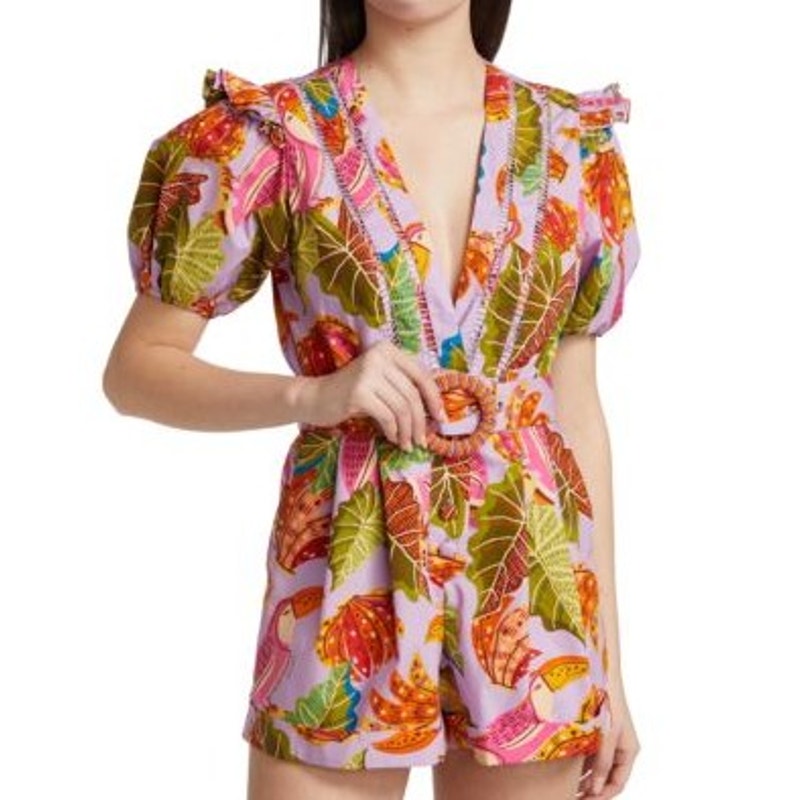 NWT Farm Rio Multi Color Breaks Bananas Ruffle Belted Romper Womens Medium