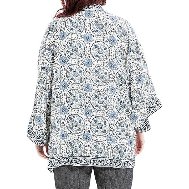 Max Studio Blue White Print Long Kimono Sleeve Open Front Cardigan Womens 1X