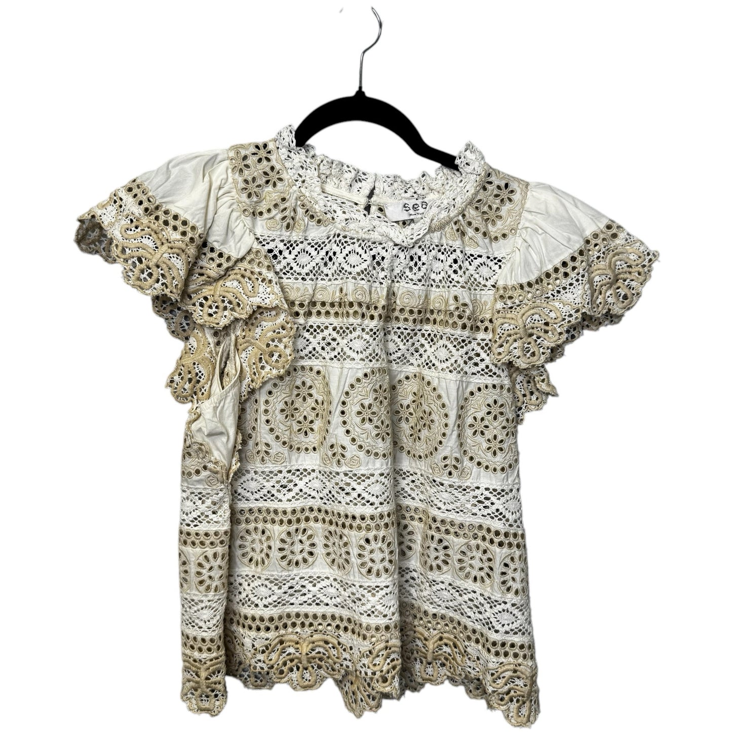 SEA New York Cream Evie Eyelet Embroidered Flutter Sleeve Top Womens Medium
