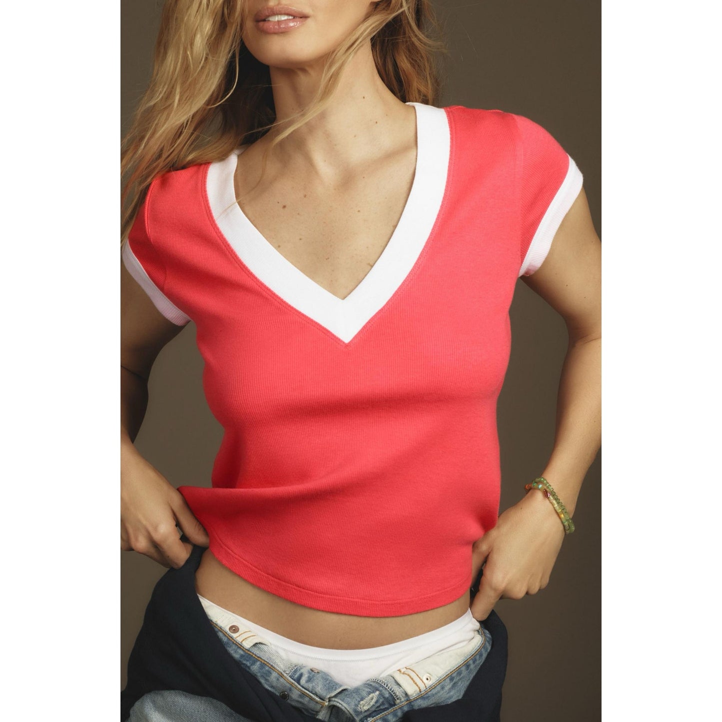 NWT Anthropologie Pilcro Boxy V Neck Tee Coral White Womens XS
