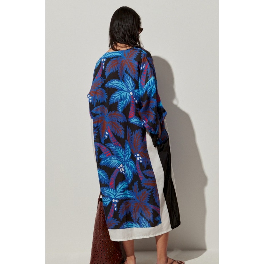 NWT Rachel Comey Black Blue Long Sleeve V Neck Linen Midi Shift Dress Womens M/L