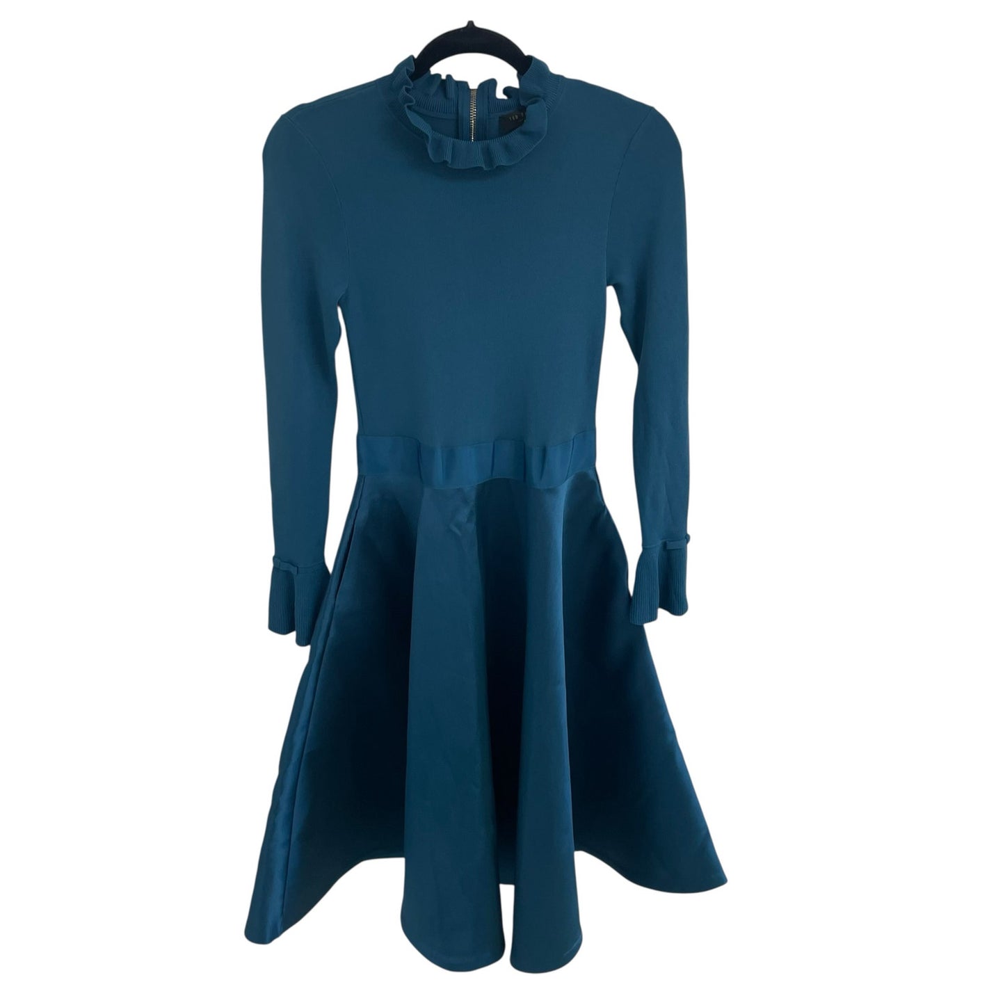 Ted Baker Fit & Flare Knit Satin Full Skirt Zadi Dress Teal Blue Size 1 / US 4