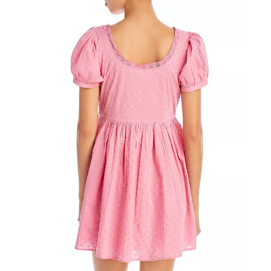 LoveShackFancy Pink Puff Sleeve Square Neck Raleigh Cotton Mini Dress Womens 2