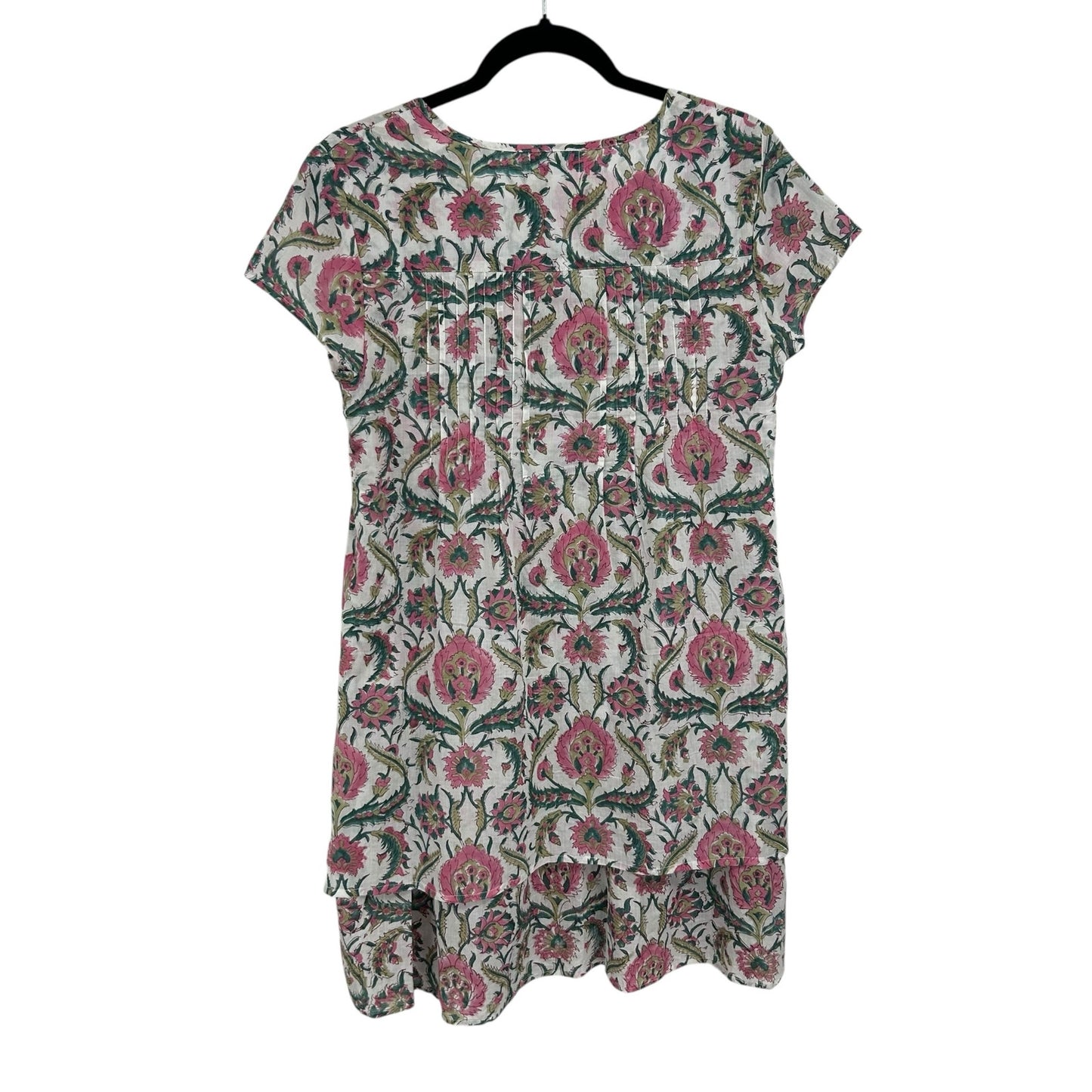 Vintage Ibiza Pink Green Floral Print Short Sleeve Cotton Dress Womens Small