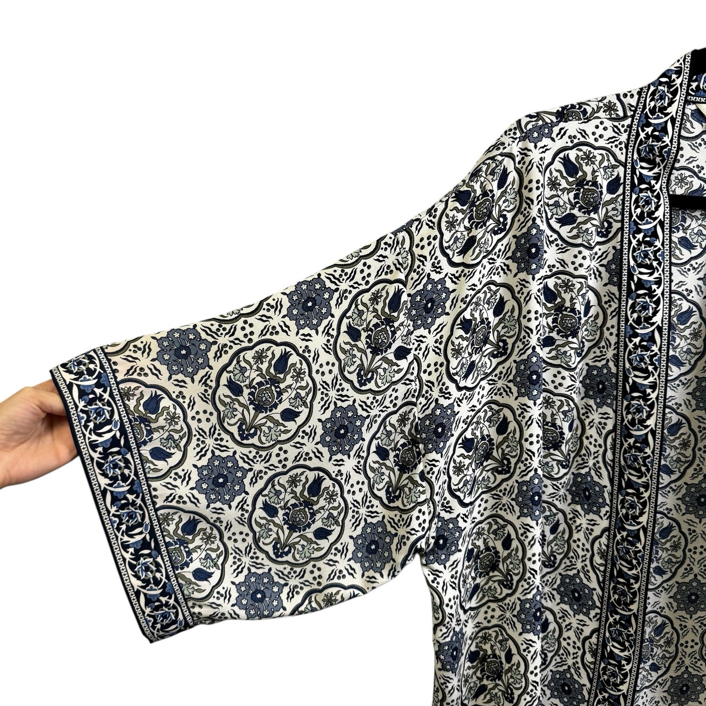 Max Studio Blue White Print Long Kimono Sleeve Open Front Cardigan Womens 1X