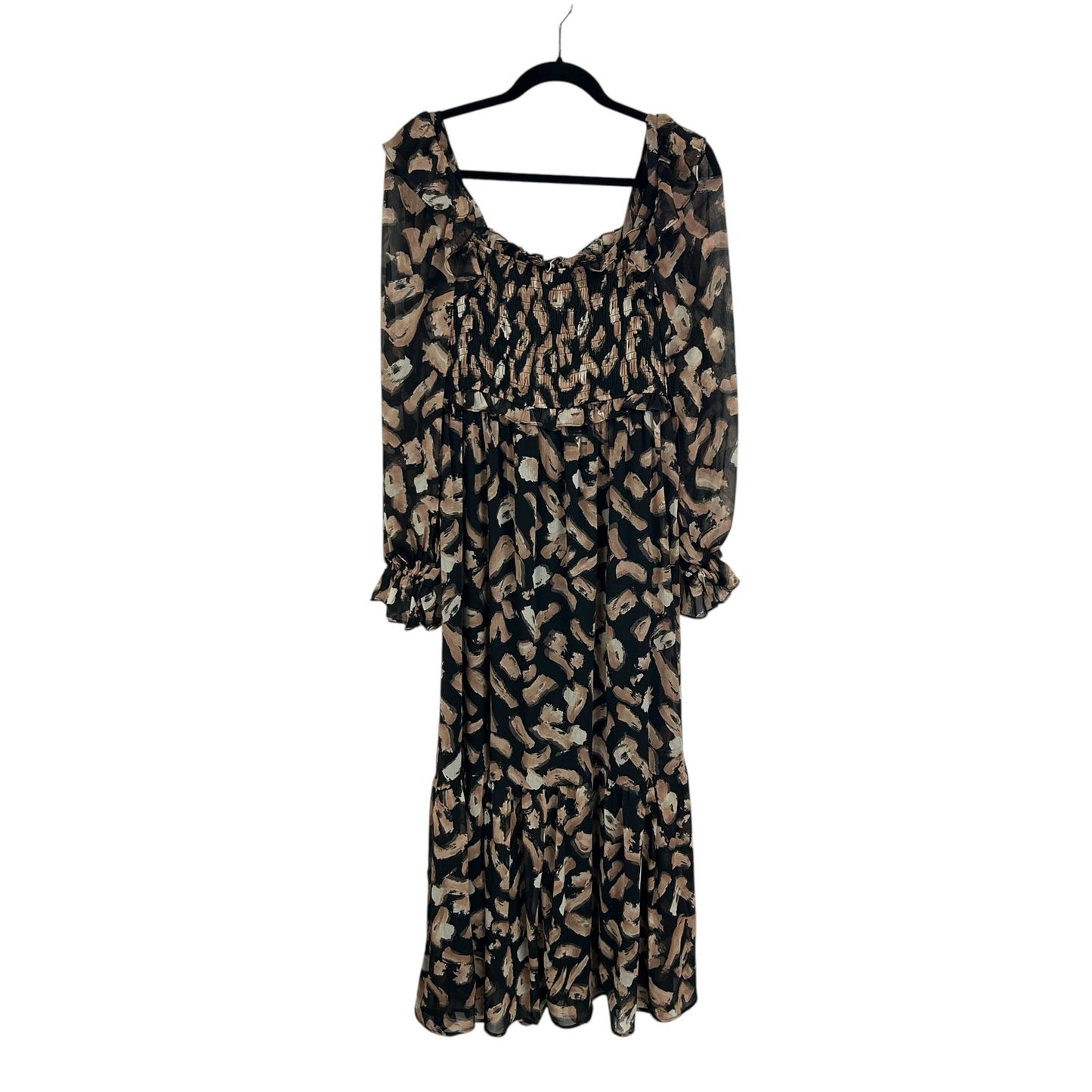NWT Moon River Black Tan Printed Smocked Square-Neck Dress Womens Size Medium