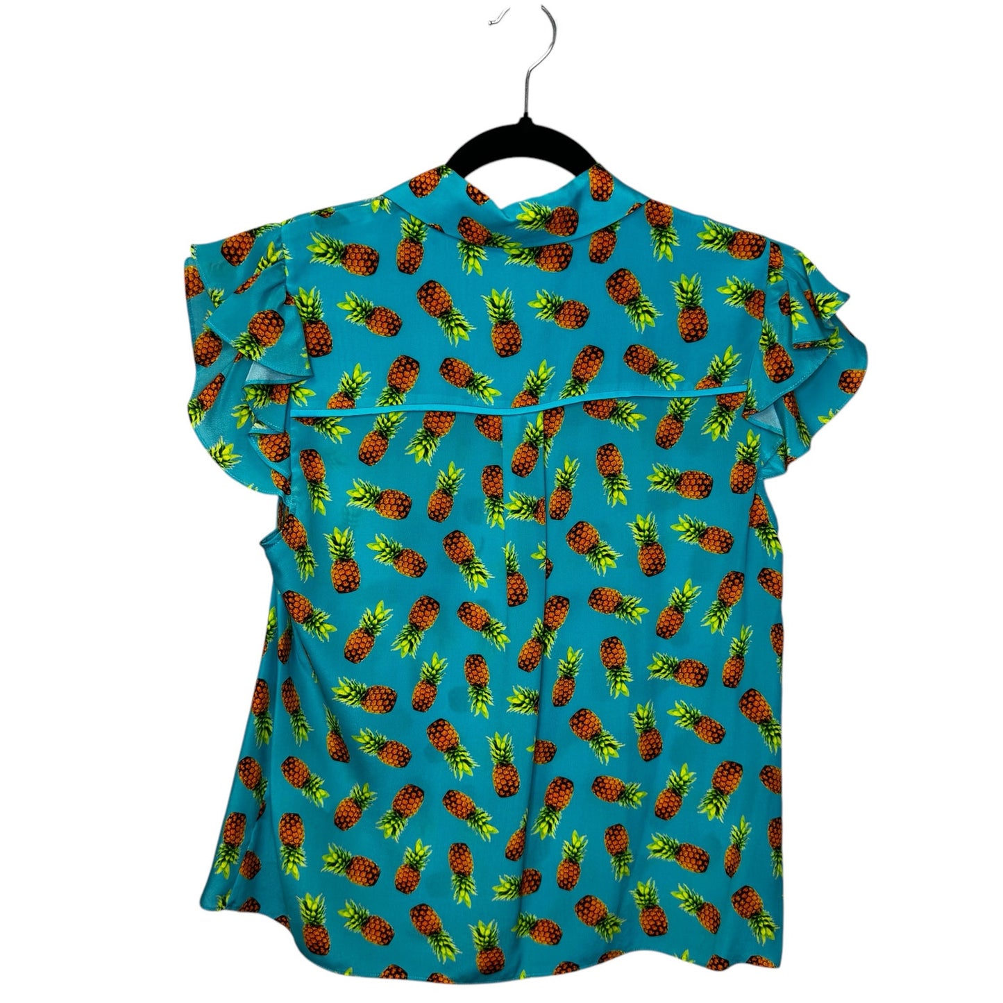 Alice + Olivia Blue Pineapple Print Flutter Sleeve Button Front Top Size Medium