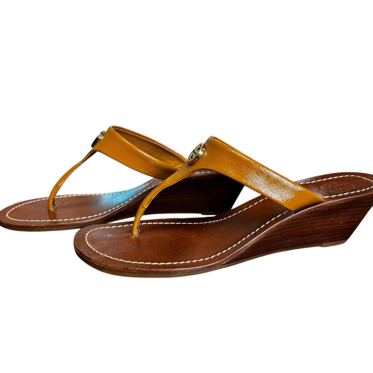 Tory Burch Yellow Brown Cameron Patent Leather Logo Thong Sandal Womens 8
