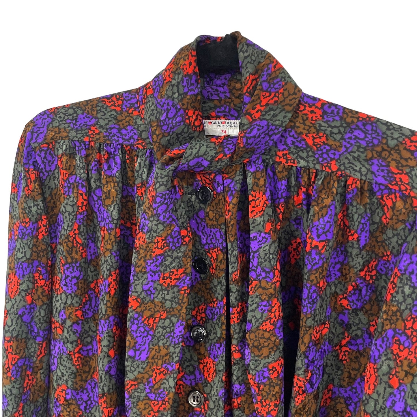 Vintage Saint Laurent Rive Gauche Colorful Silk Tie Neck Button Down Blouse US 4