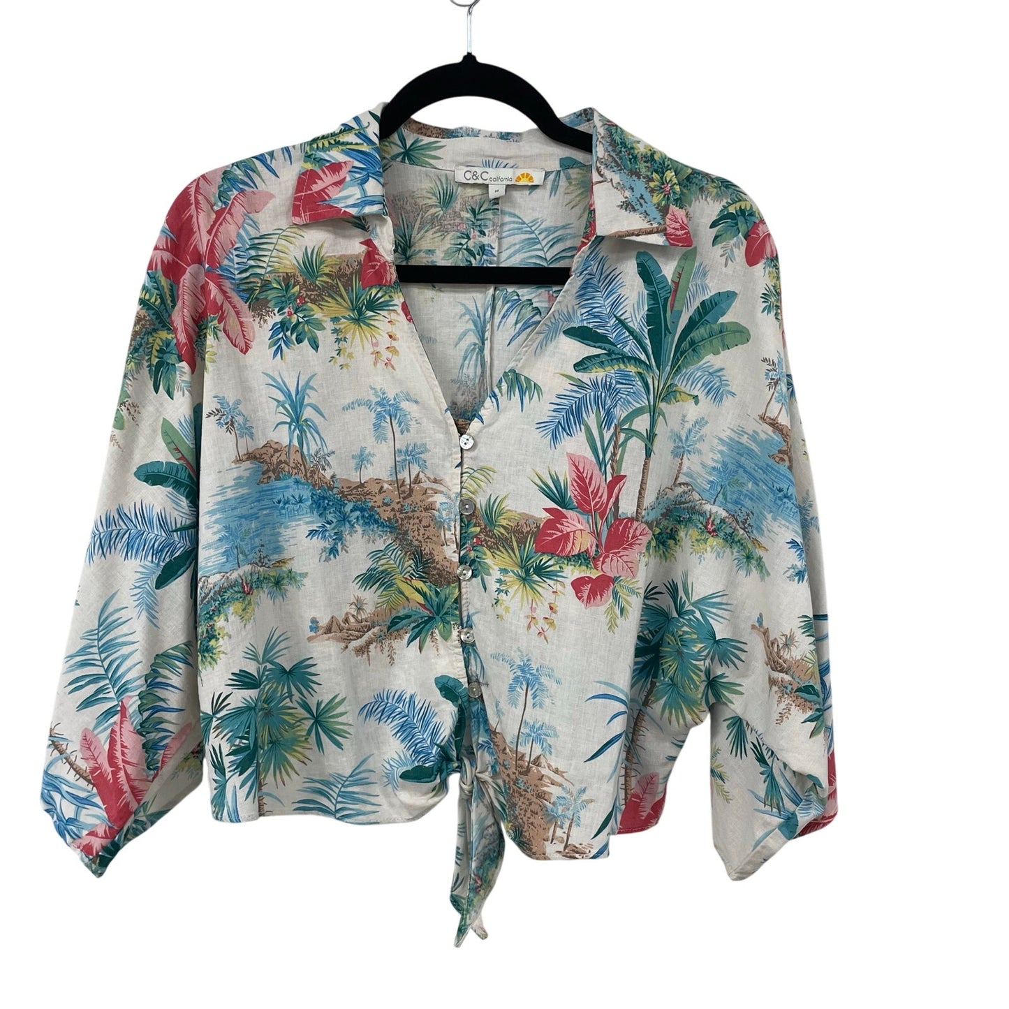 C&C California Linen Blend Tropical Floral Print Flare Sleeve Button Up Medium