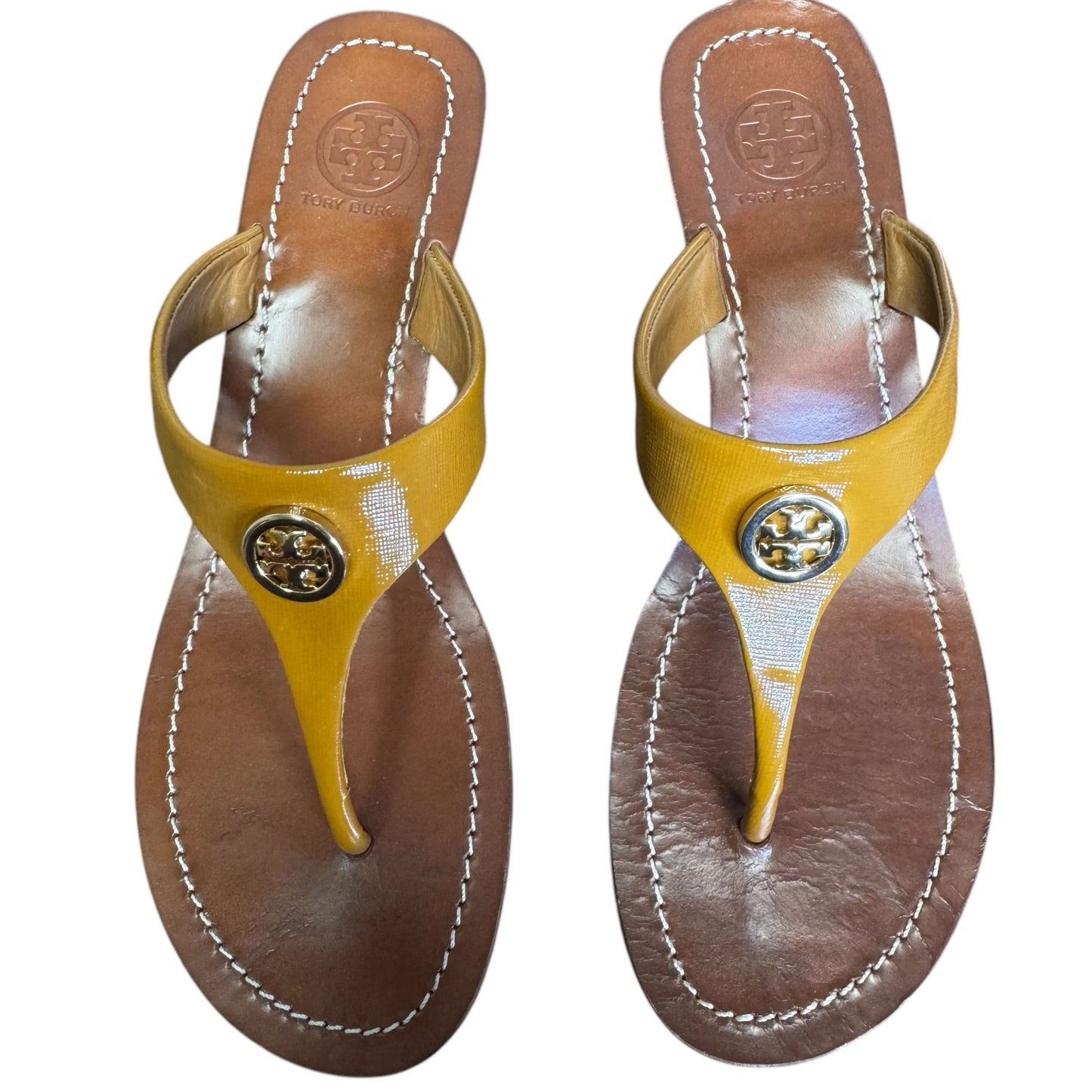 Tory Burch Yellow Brown Cameron Patent Leather Logo Thong Sandal Womens 8