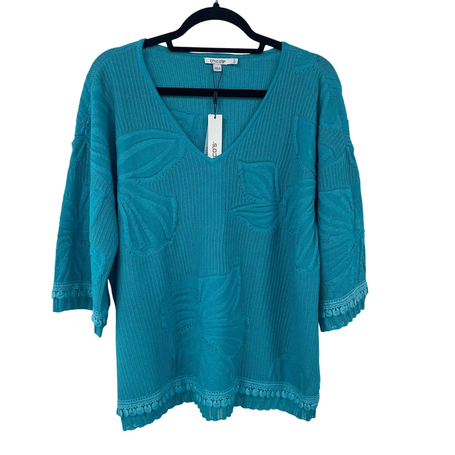 NWT Chico’s Palm Leaf Embroidered Pullover Sweater Ocean Blue Womens Large