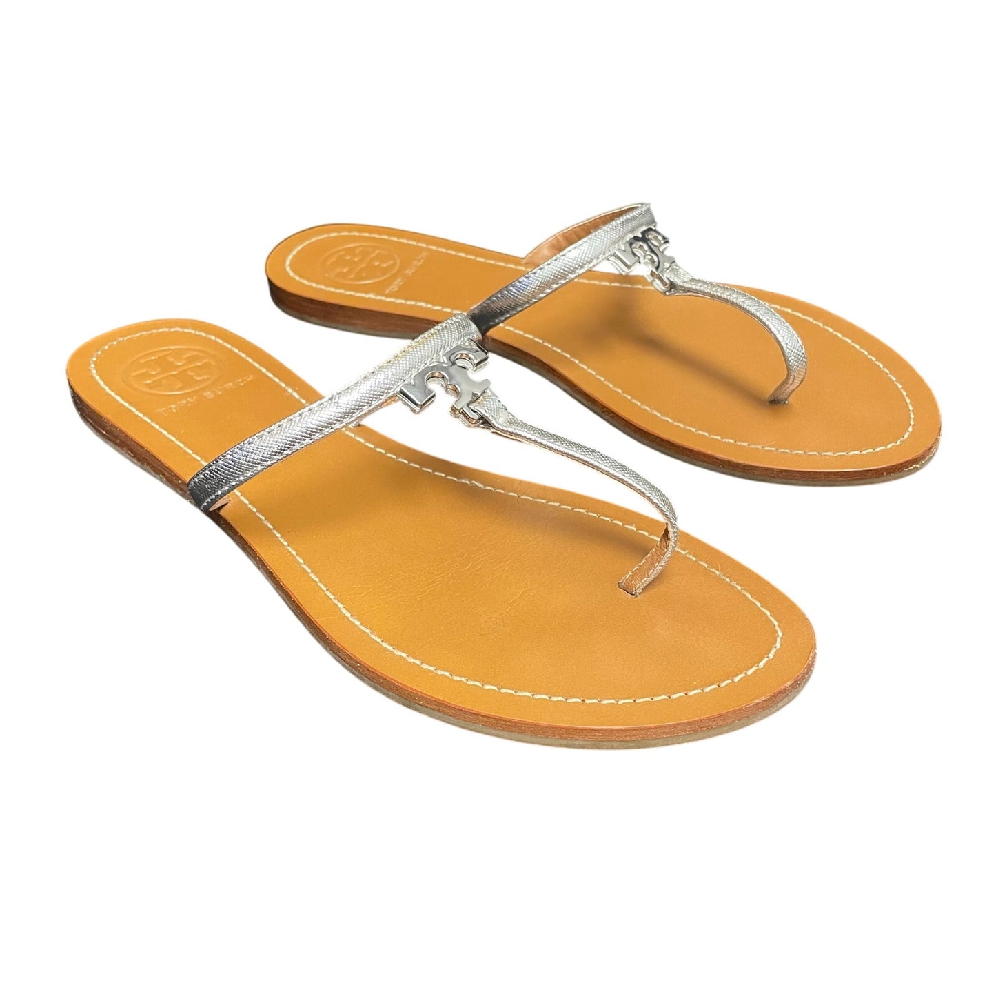 Tory Burch Metallic Silver T Logo T Strap Leather Sandals Womens 7.5