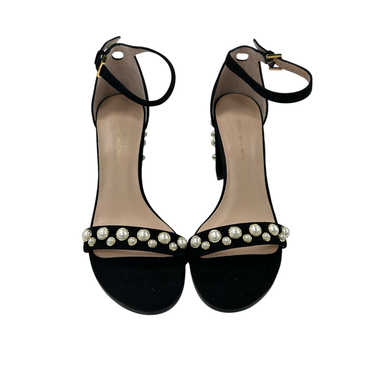 Stuart Weitzman Black Morepearls Studded Suede Ankle Strap Sandals Womens 7