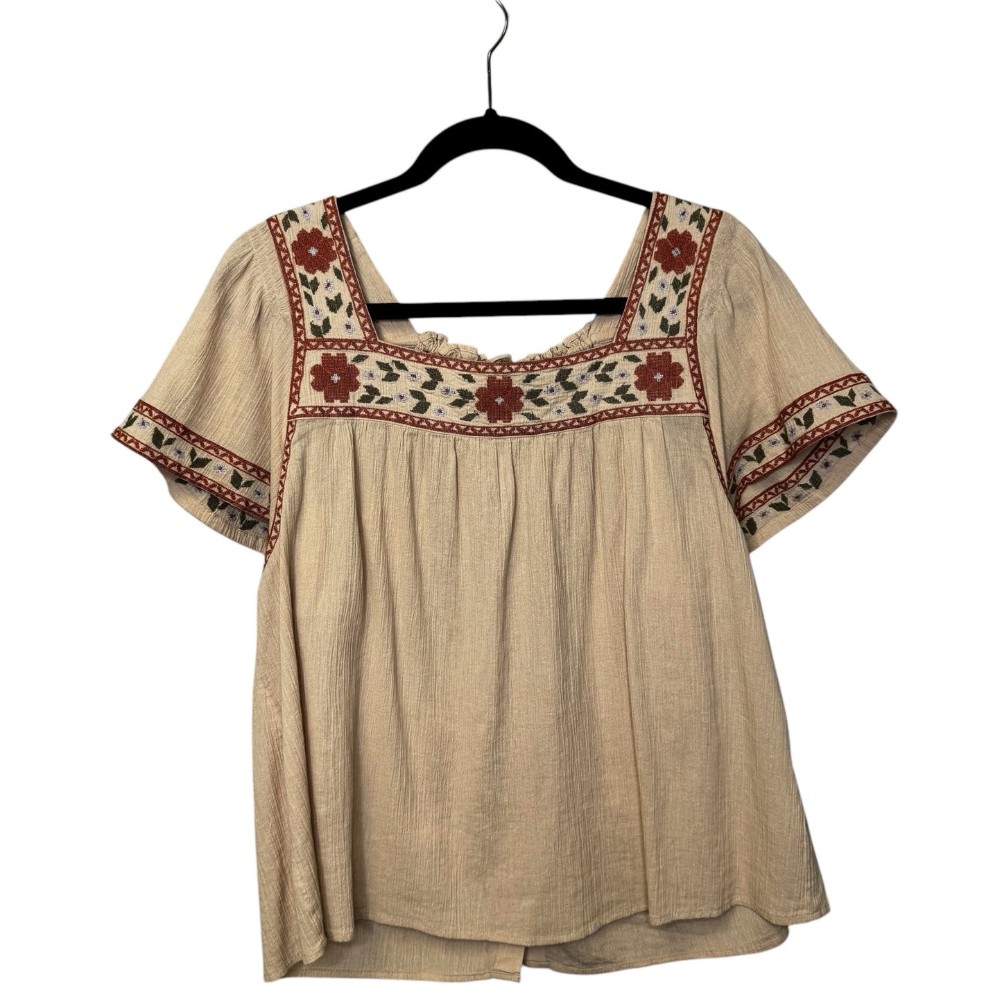 Madewell Tan Pink Floral Embroidered Short Sleeve Square Neck Top Womens Medium