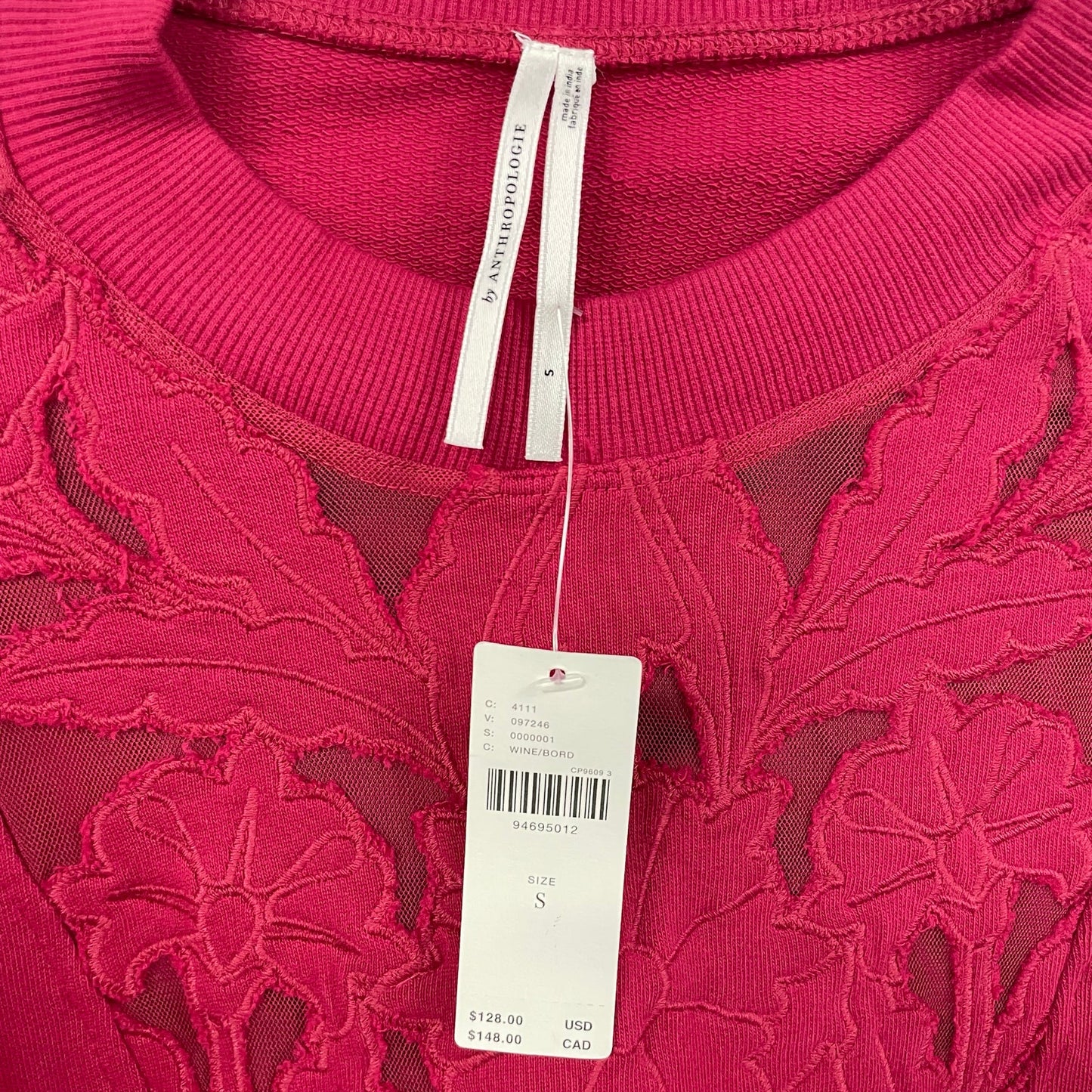 NWT By Anthropologie Floral Mesh Cutwork Swing Top Wine Red Womens Small