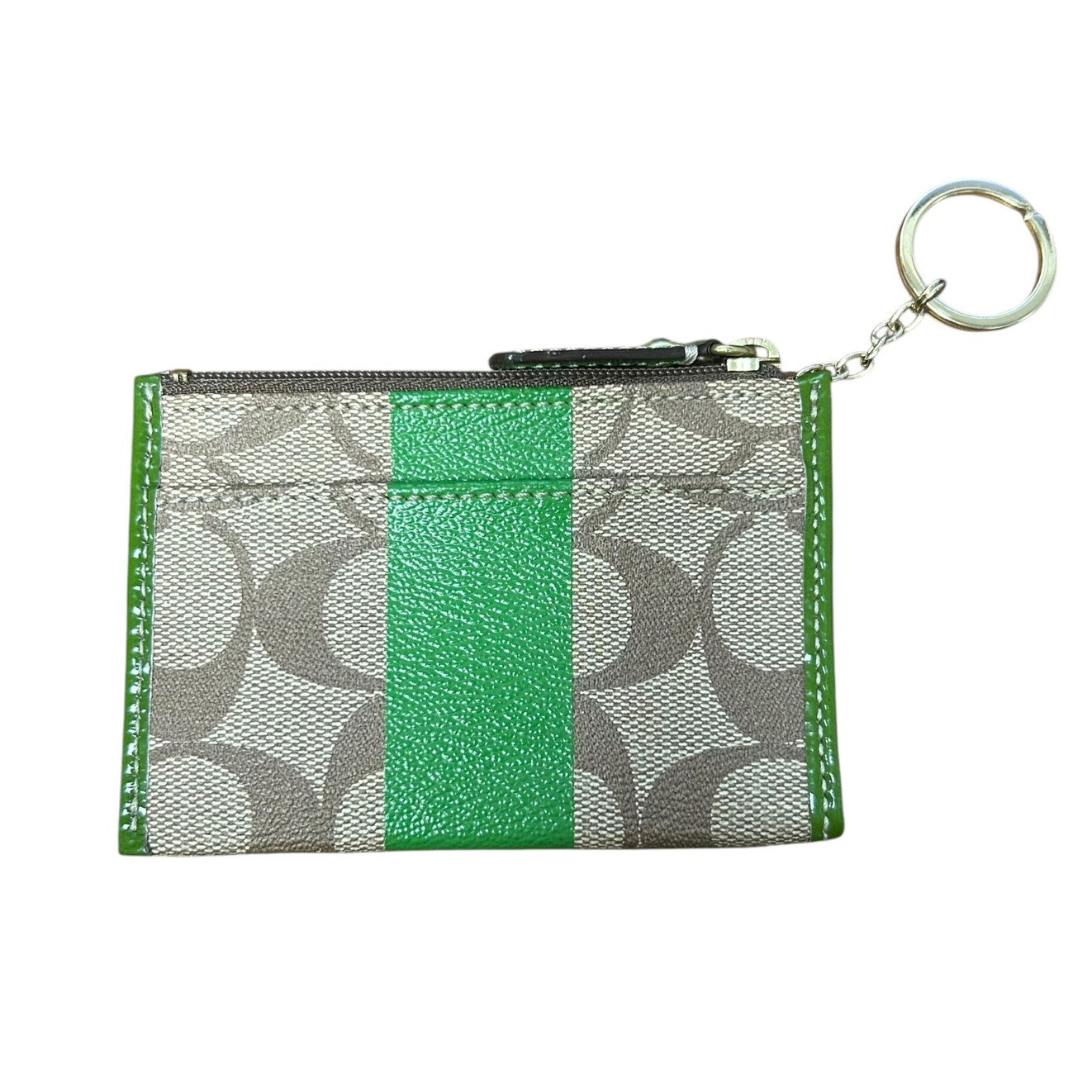 Coach Green Leather Tan Signature Monogram Top Zip Keychain Coin Purse