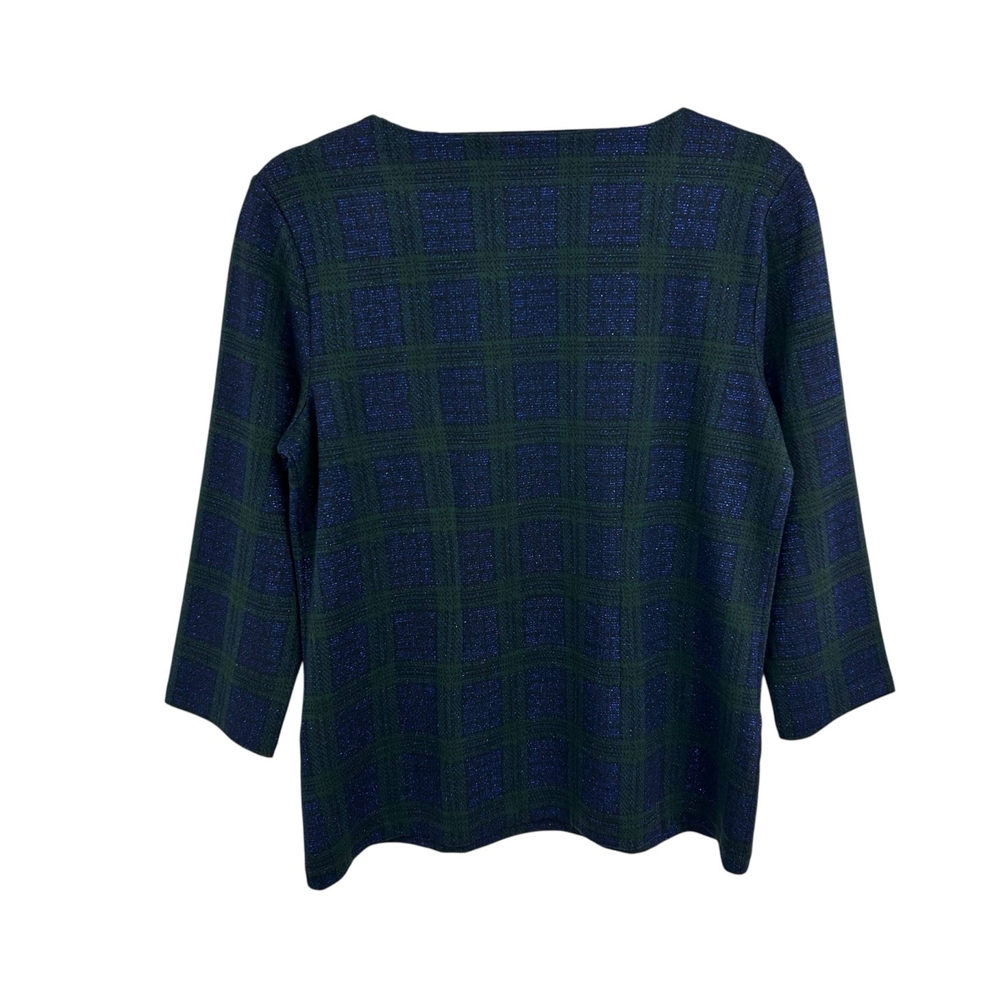 NWT Talbots Navy Green Metallic Plaid Print 3/4 Sleeve Top Womens Petite Medium