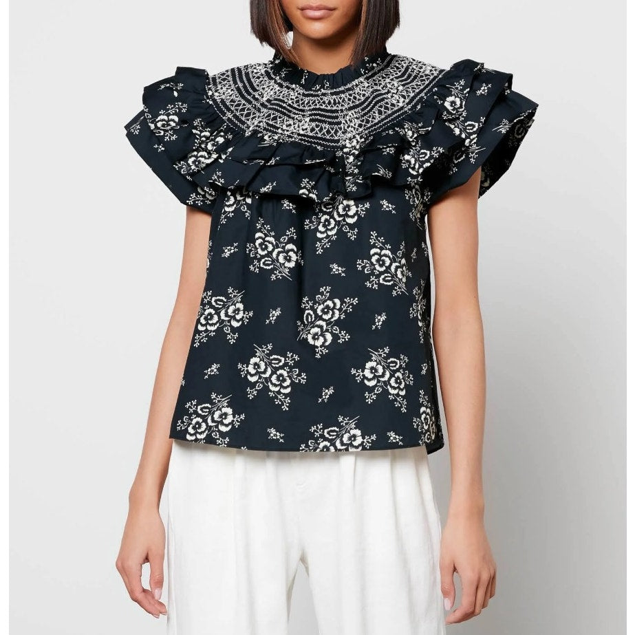 SEA New York Black White Floral Flutter Ruffle Sleeve Alessia Top Womens Medium