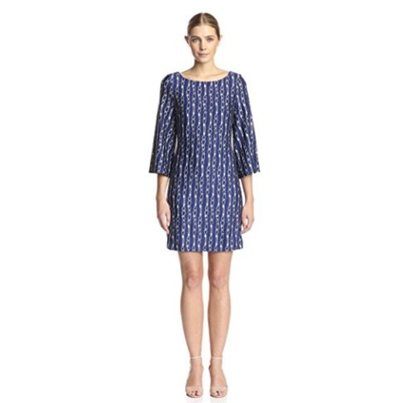 Julie Brown Navy White 3/4 Sleeve Merrie Printed Shift Dress Womens Large