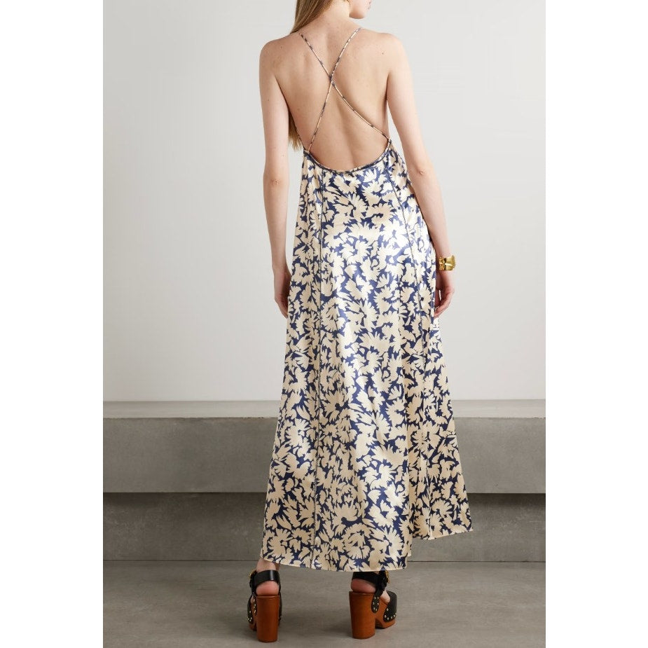 NWT Ulla Johnson Navy Beige Floral Print Sleeveless Evie Satin Dress Womens 0