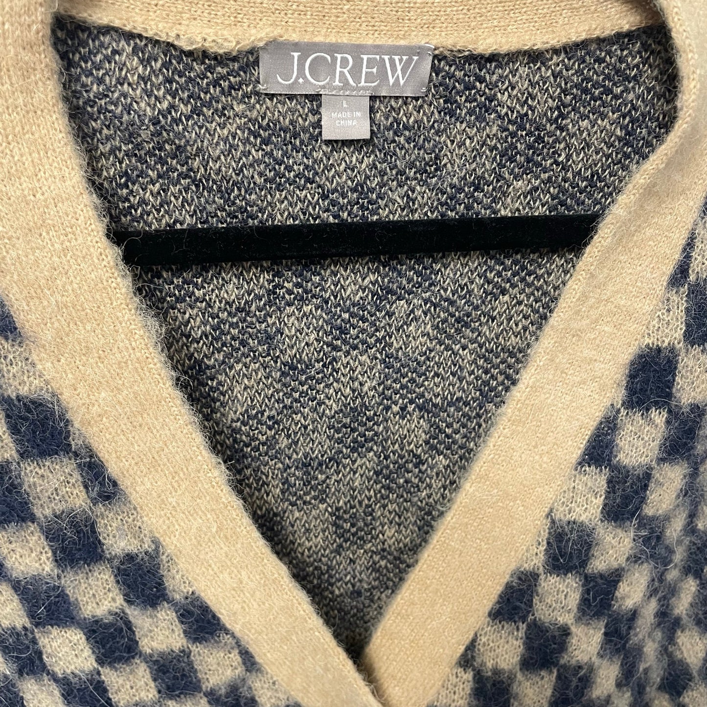 J. Crew Navy Tan Checkered Print V Neck Button Up Cardigan Sweater Womens Large