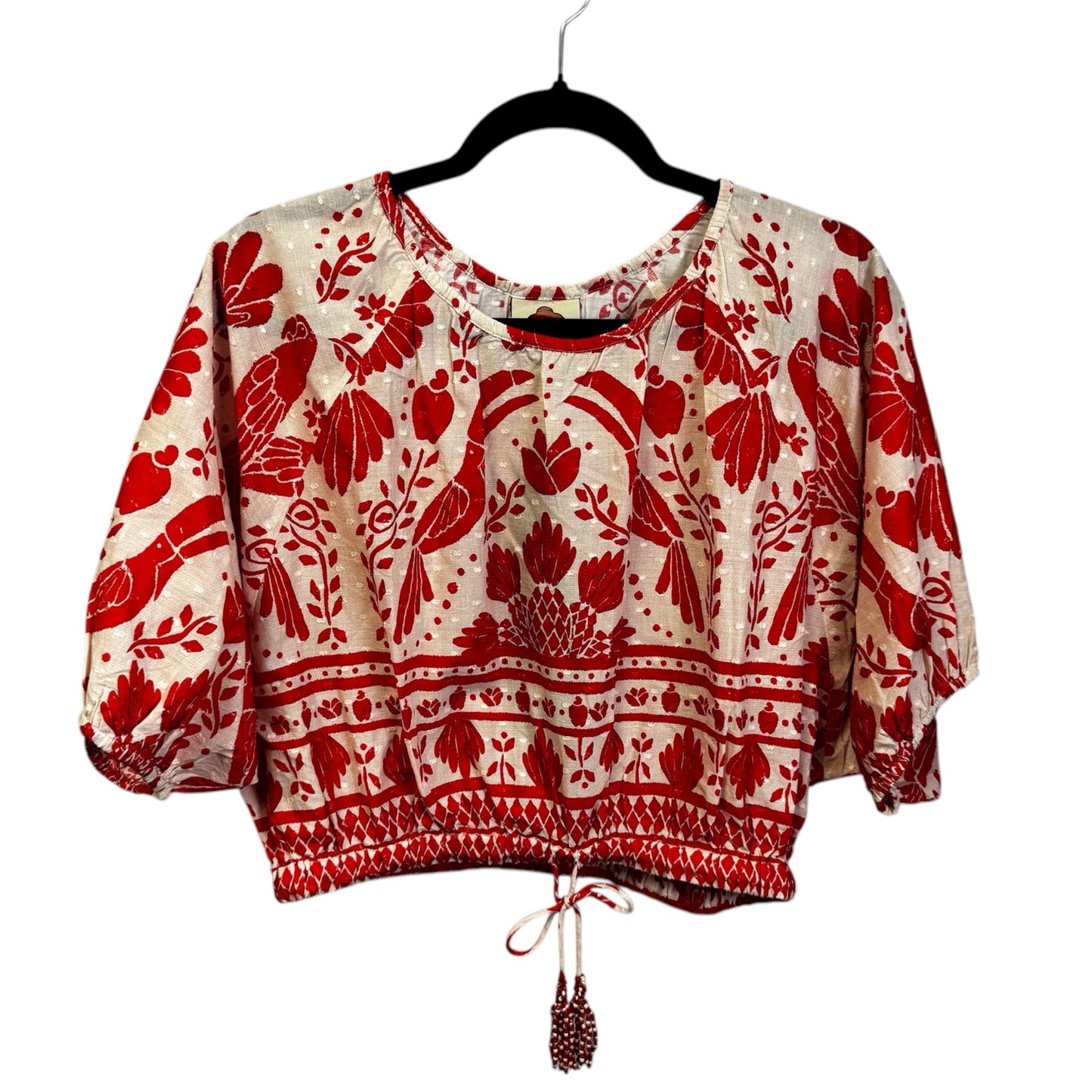 NWT Farm Rio Red White Jungle Flow Puff Sleeve Cotton Cropped Top Womens Small