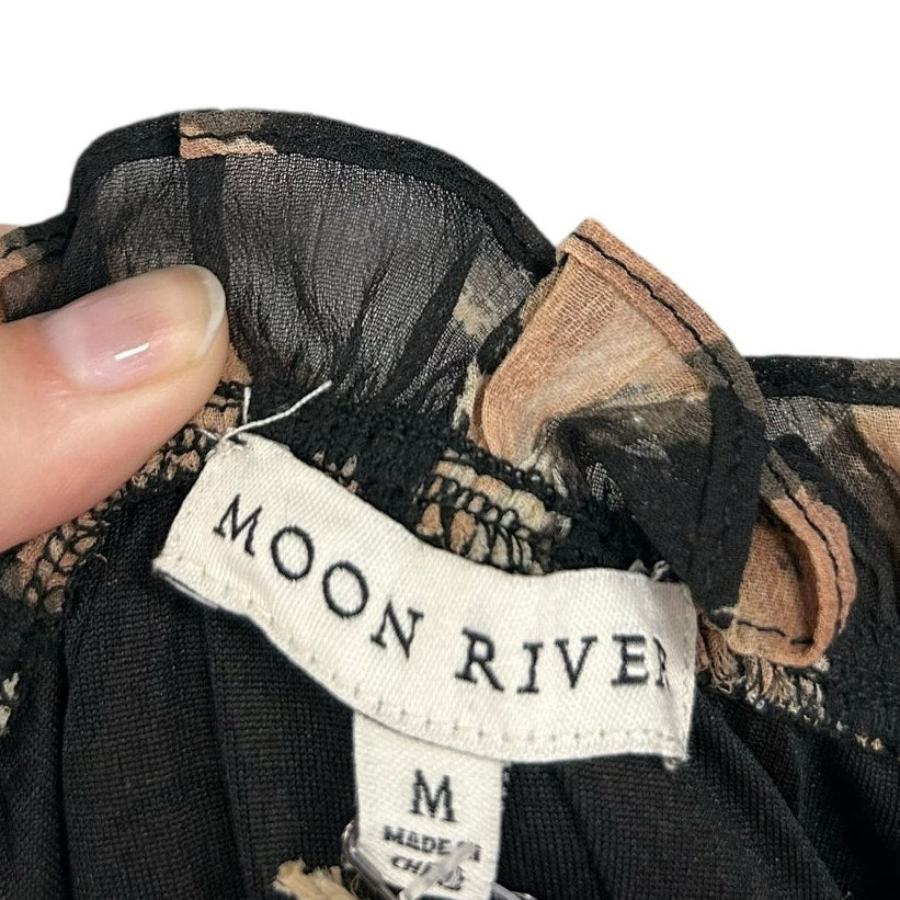 NWT Moon River Black Tan Printed Smocked Square-Neck Dress Womens Size Medium