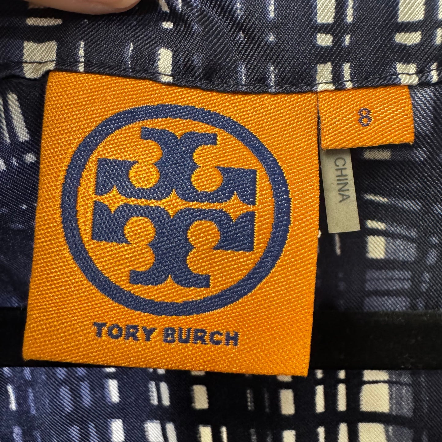 Tory Burch Navy White Sleeveless Tie Neck Silk Saffield Blouse Tank Womens 8