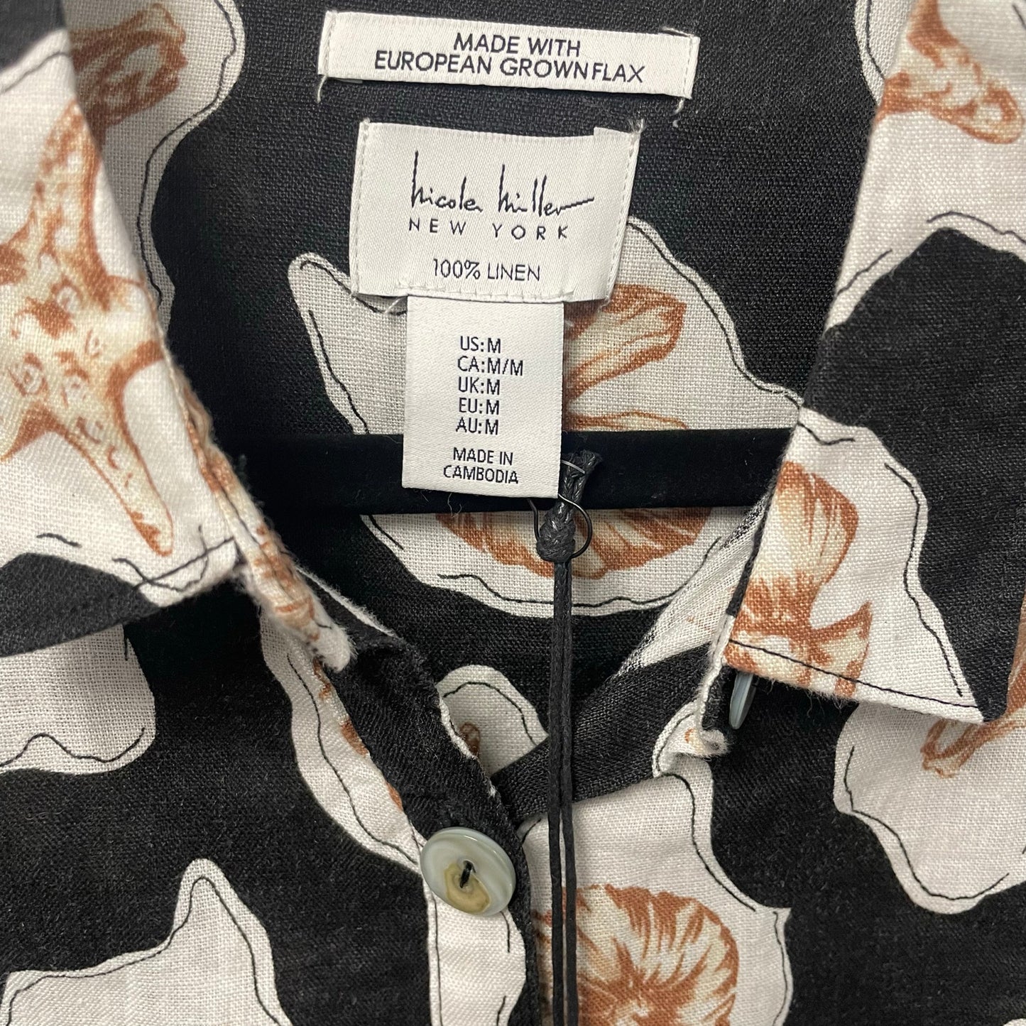 NWT Nicole Miller 100% Linen Long Sleeve Button Up Seashell Print Black Medium