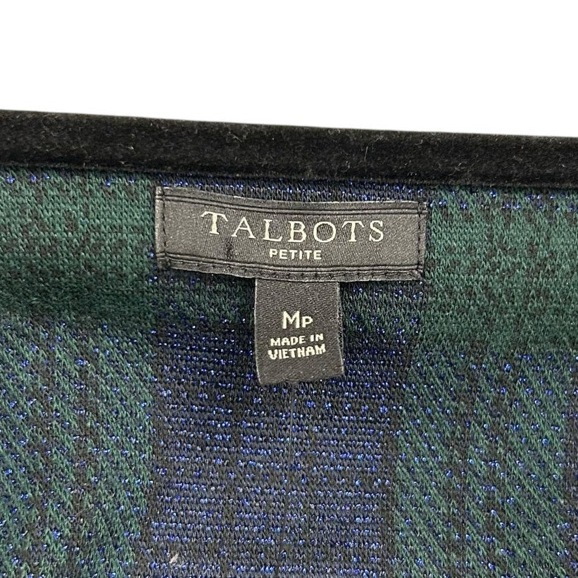 NWT Talbots Navy Green Metallic Plaid Print 3/4 Sleeve Top Womens Petite Medium