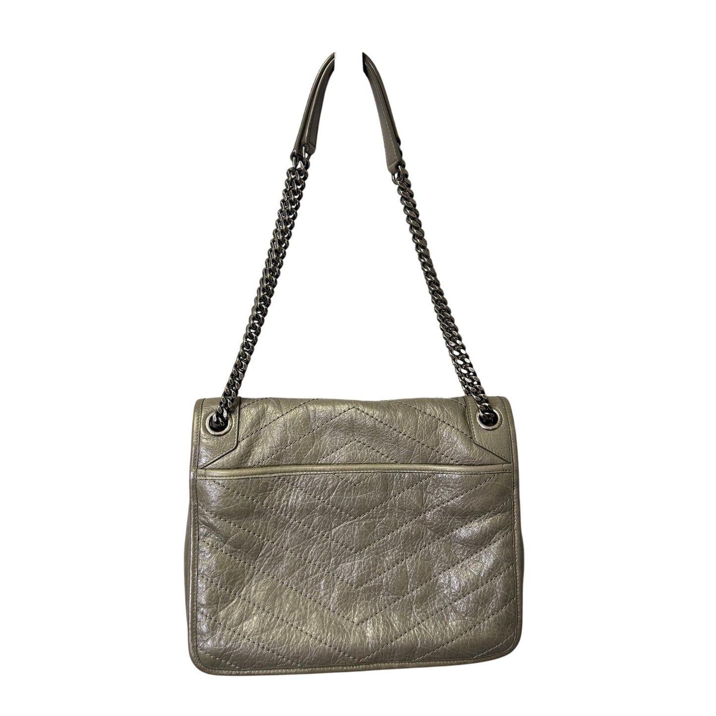 Yves Saint Laurent Fog Grey Crinkled Calfskin Monogram Niki Chain Satchel