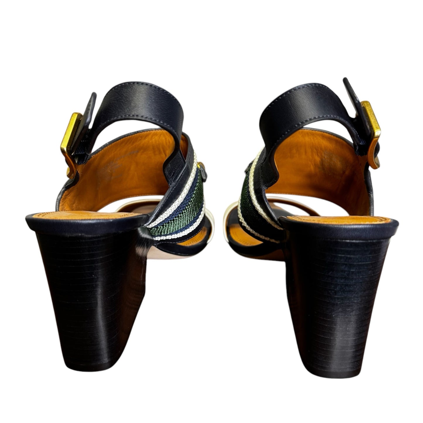 Tory Burch Navy Green White Jessa Slingback Block Heel Sandals Womens 8.5