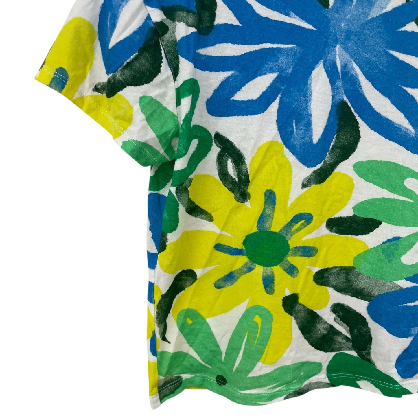 Zara Blue Green Yellow Bold Floral Print Short Sleeve Cropped Tee Womens Small