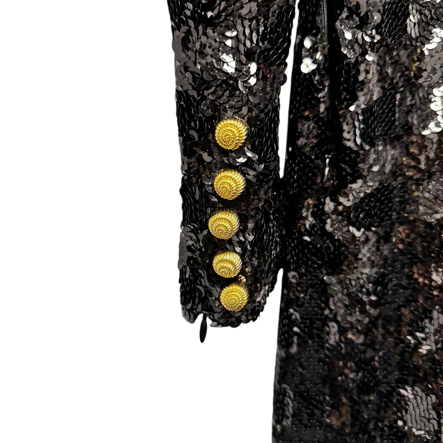 NWT Balmain Black Sequin Gold Button High Collar Fitted Long Maxi Dress Women 36