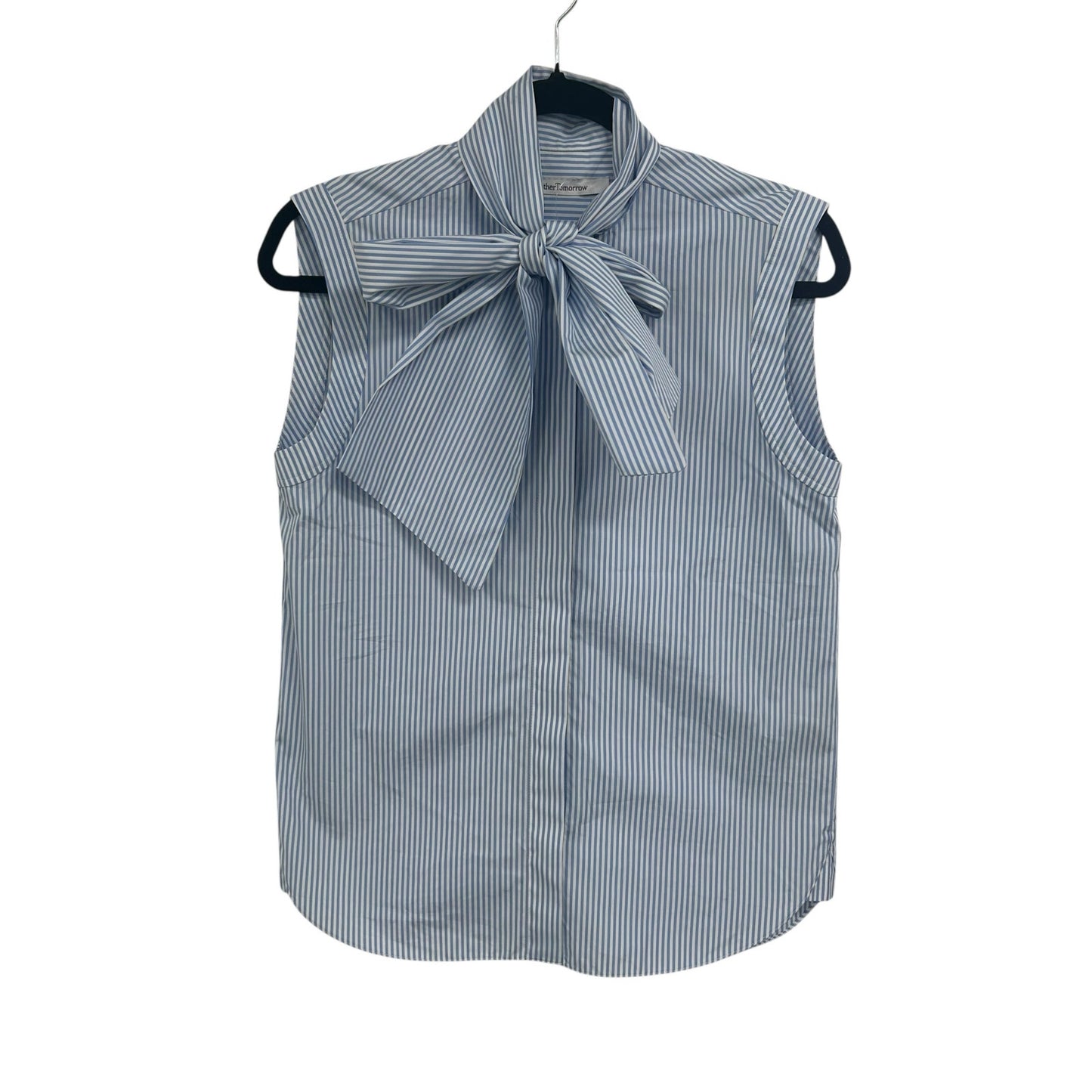Another Tomorrow Azure Blue White Tie Neck Stripe Poplin Blouse Womens 36 / US 0