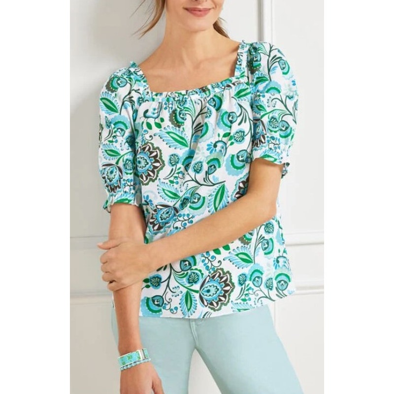 Talbots Short Sleeve Square Neck Blue Green Floral Print Top Womens Size XS