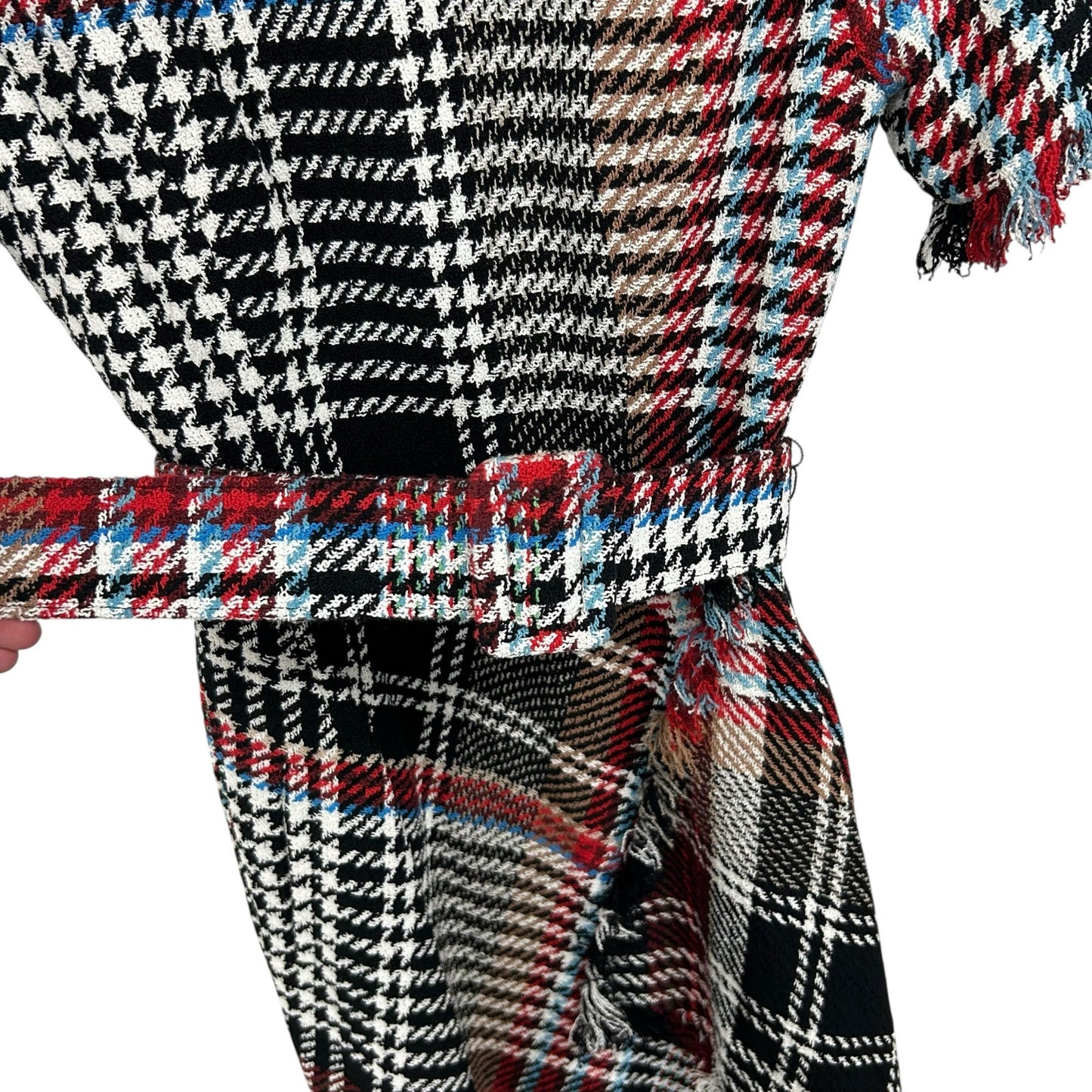 Oscar de la Renta Black Red Renta Plaid Asymmetrical Belted Tweed Dress Womens 6