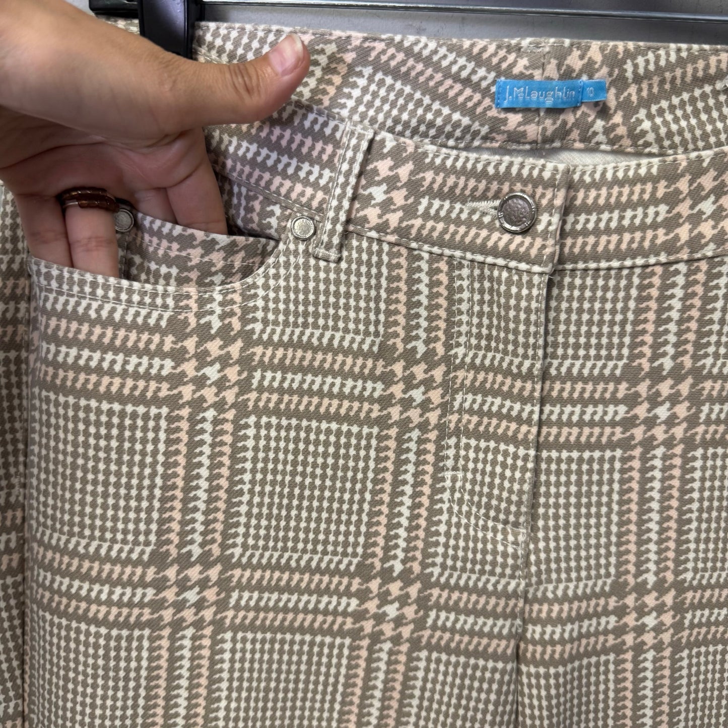 J. McLaughlin Brown Blush Houndstooth High Rise Cotton Ankle Pants Womens 10